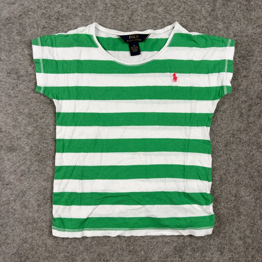 Polo Ralph Lauren T-Shirt Girls Size 6X Green White Striped Pony Logo Tee - Picture 2 of 9